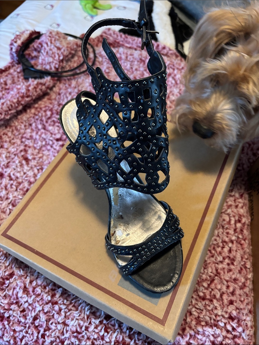 bebe Black Studded Cutout Ankle-Strap High Heel Sandal